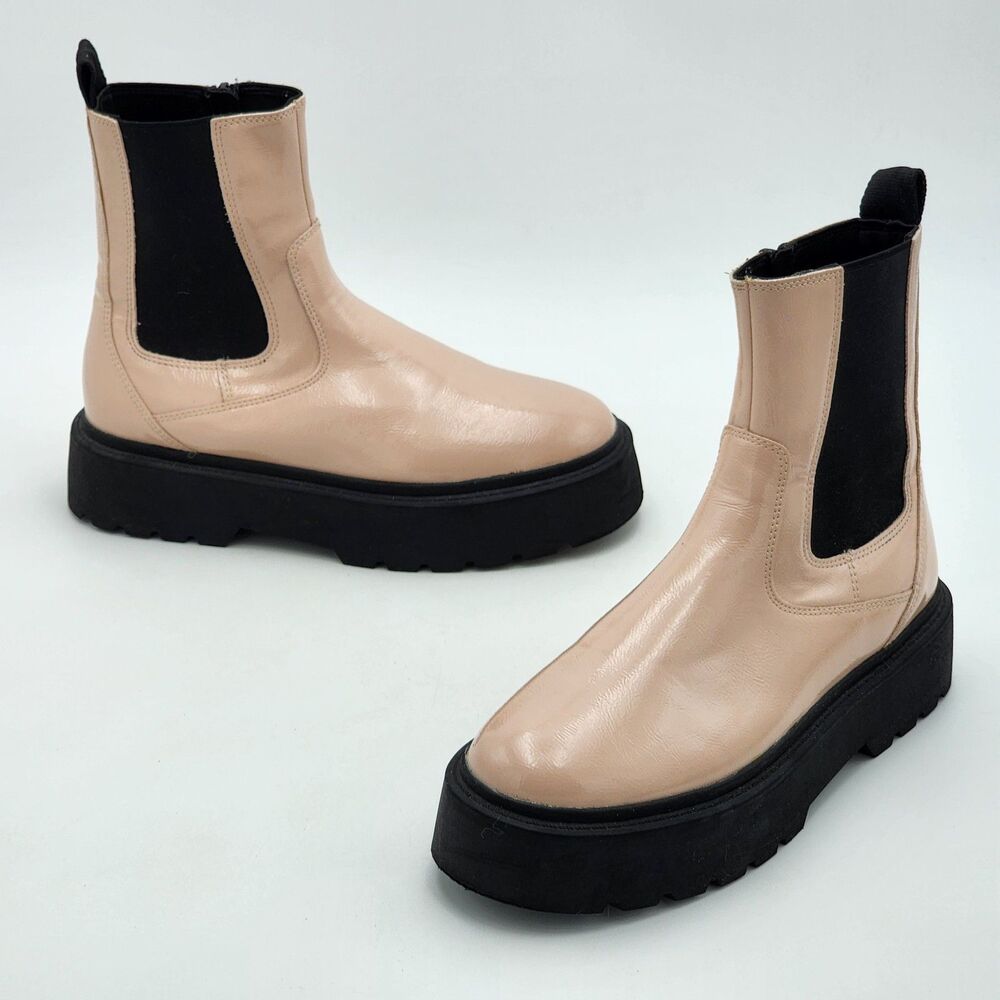 Zara Platform Patent Chelsea Chunky Lug Sole Boots Baby Pink Size 38 EU